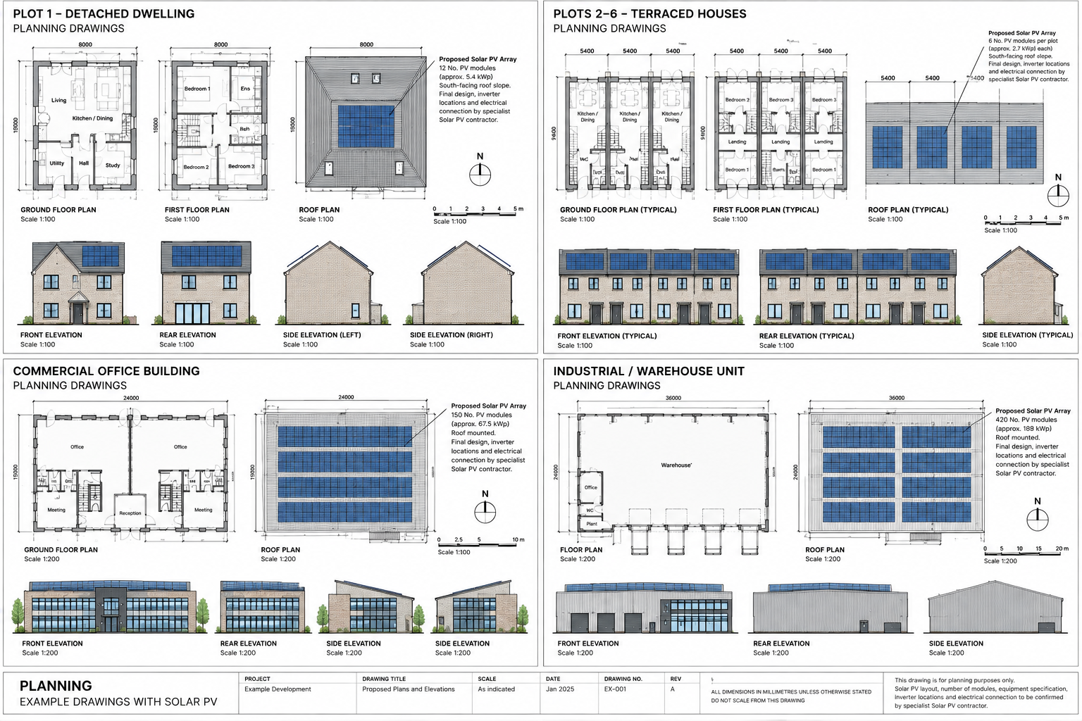 Planning example drawings showing solar PV arrays on detached, terraced, commercial and industrial buildings